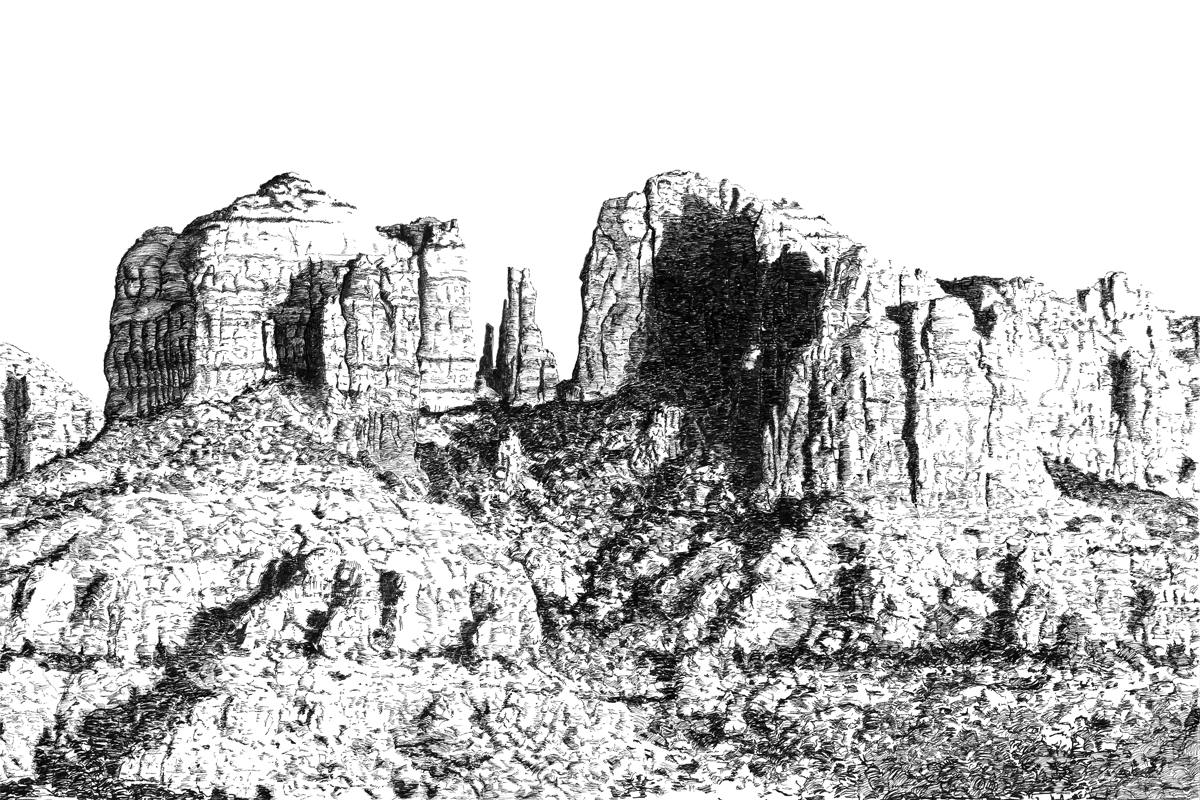 Pen and ink drawing of Cathedral Rock