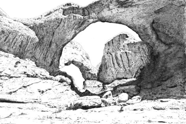 Pen and ink illustration of Double Arch in Arches National Park with liquid charcoal wash shading and detailed rock textures.